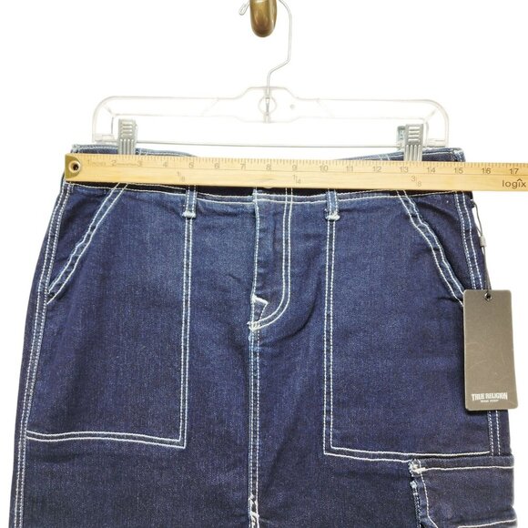 True Religion Womens Denim Cargo Maxi Skirt Size 28 Dark Wash Utility Pocket - Picture 10 of 10